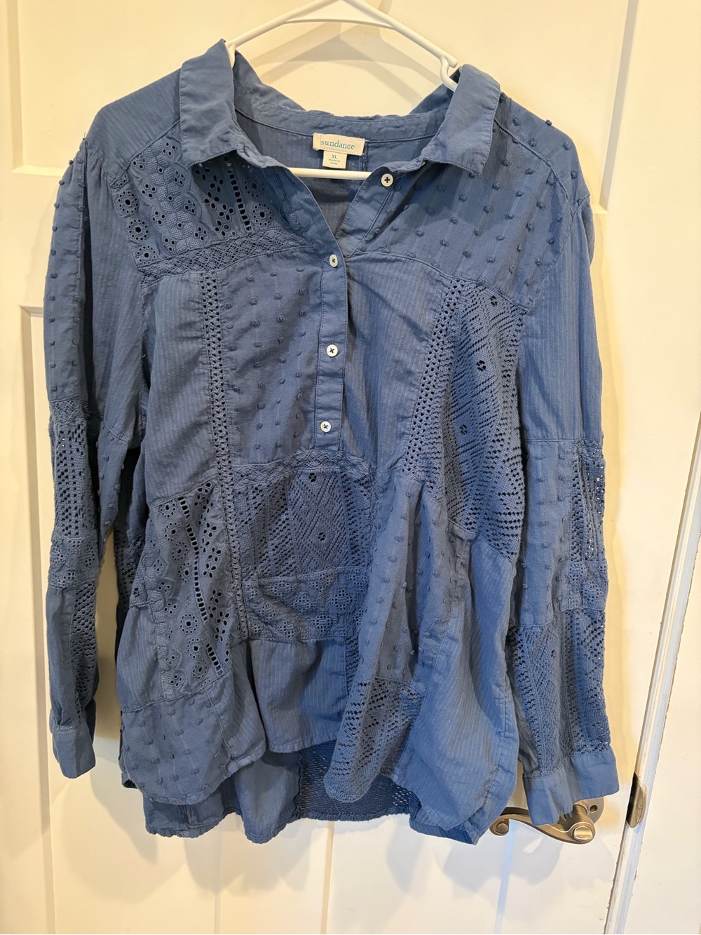 Sundance Blue Eyelet Patchwork Button-Front Women's Top
